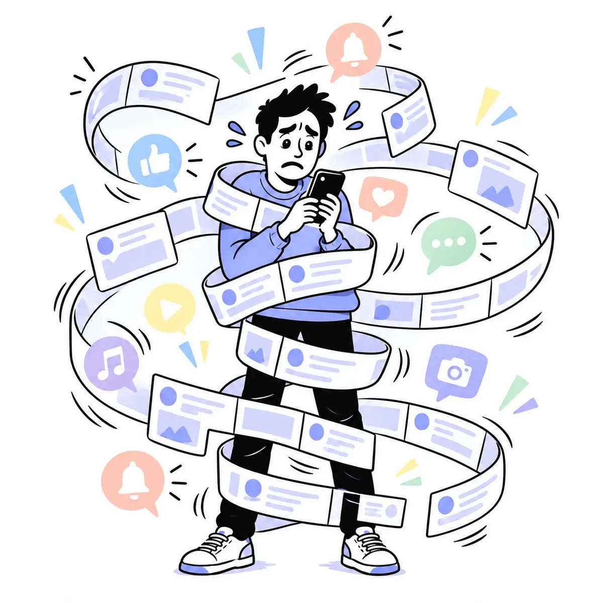 Black-outline cartoon of a worried person caught in an endless stream of phone notifications.